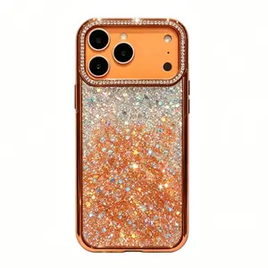 Luxury Orange-Silver Gradient Glitter Phone Case for iPhone 17/17 Pro/17 Pro Max, Bling Rhinestone Camera Lens Protector, Soft Silicone Shockproof Cover for Women, Birthday Valentine Holiday Gift For Ladies