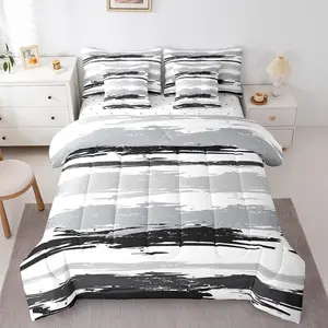 Feelyou 7-Piece Ultra-Soft Geometric Stripe Abstract Black White Grey Oil Painting Queen Comforter Set, Multi-Size Complete Bedding Set with Elegance for Adults