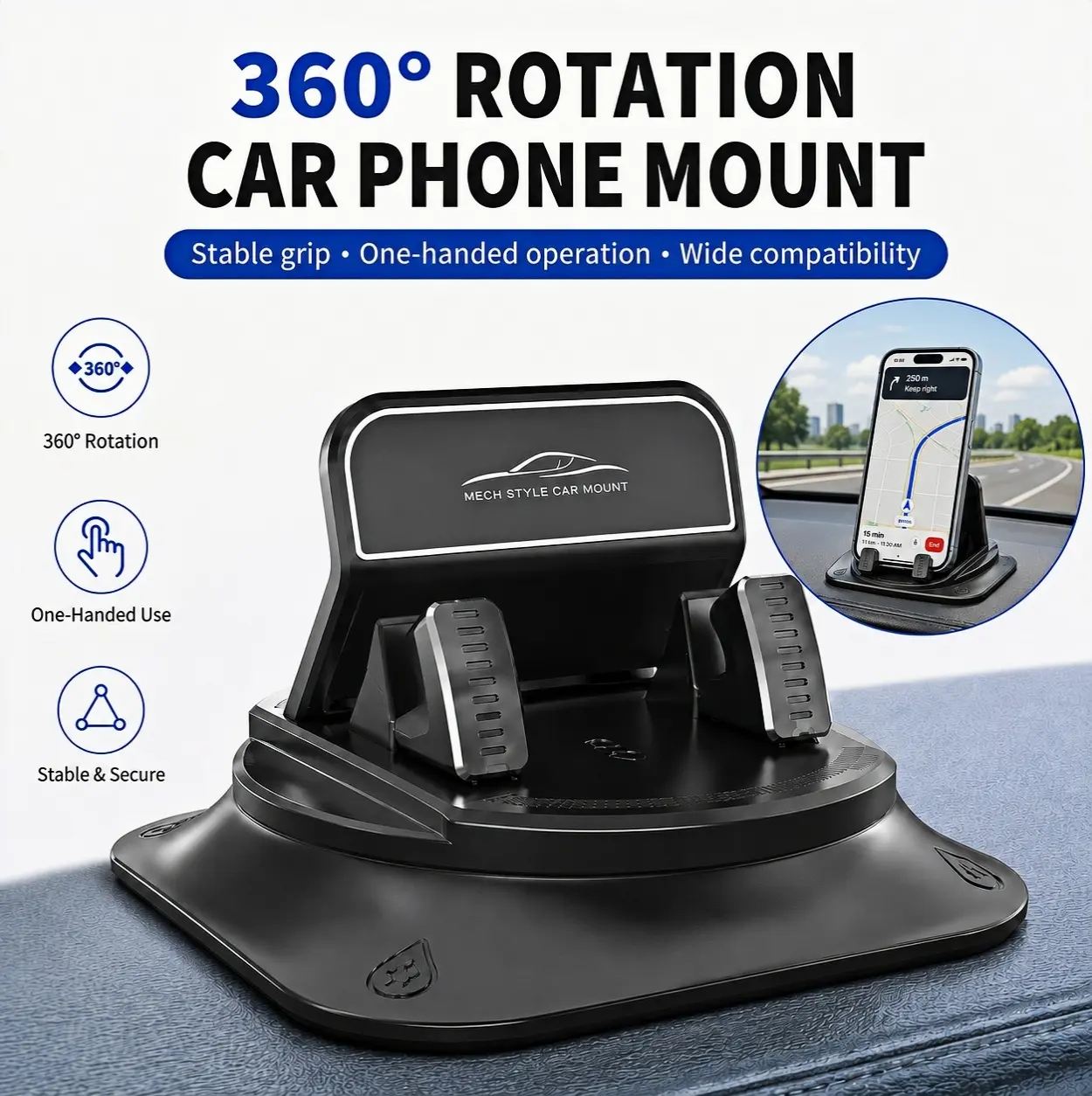 360° Rotating Car Phone Holder - Dashboard & Windshield PVC Mount, No-Residue Non-Slip Adhesive Base, Horizontal/Vertical Viewing for iPhone/Android Smartphones backtoschoolshopping