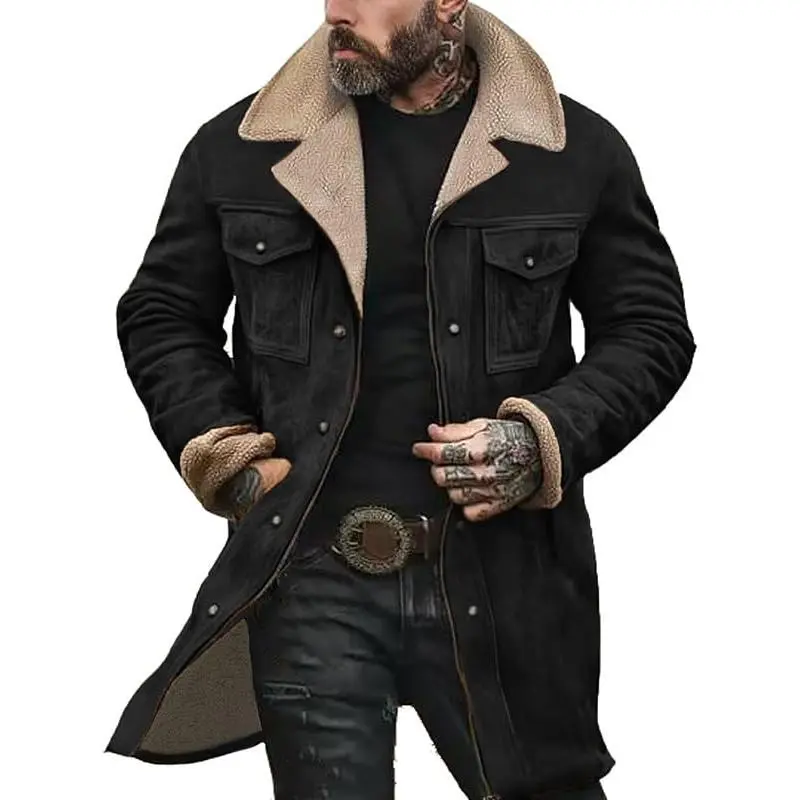 Men's Vintage Western Suede Jacket - Cowboy-Style Menswear with Plush Fleece Collar, Casual Zip-Up Fall-Winter Outdoor Outerwear, Fashion Coat, Coats, Fabrics, Soft, Long, Outdoors, Retro Cowboy, Warm Fleece, Party, Long Sleeve, Hand Wash