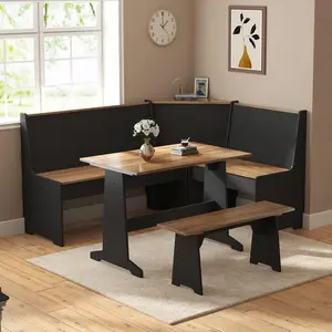 [Summervibes] AMERLIFE 3-Piece Breakfast Nook Dining Set, L-Shaped Corner Bench with Hidden Storage, Space-Saving Kitchen Table Set for Small Spaces, Black & Oak
