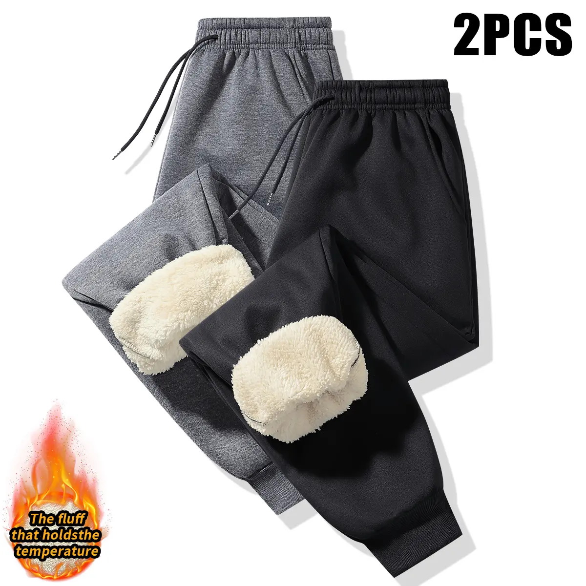 Men's 2-Pack Regular Fit Twill Solid Color Sporty Pants - Thick Fleece Sherpa-Lined, Casual Street-Style Bottoms for Autumn Winter Warmth, Two-Pack