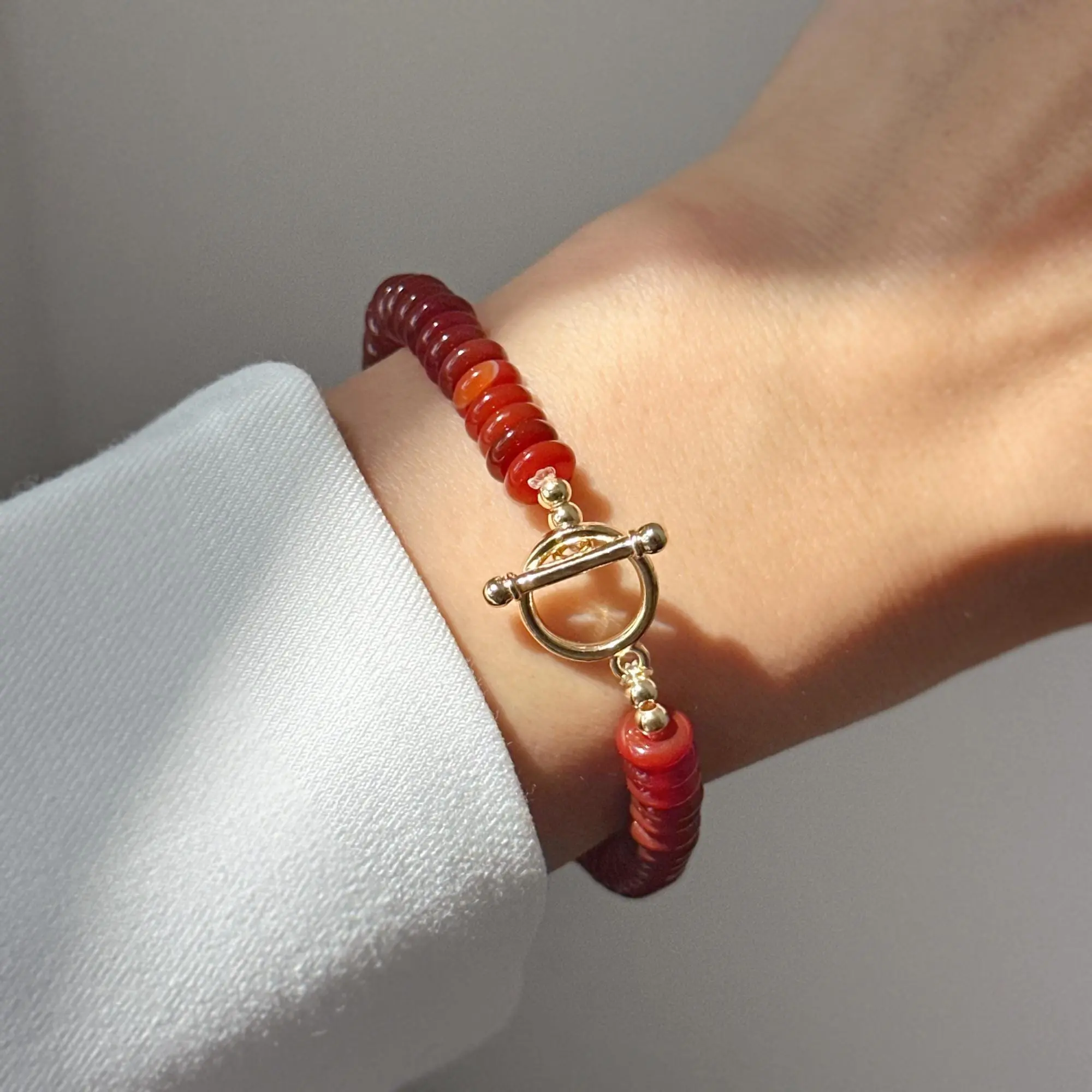 Minimalist Red Carnelian Bracelet with Classic Toggle Clasp, Red Gemstone Bracelet, Healing Crystal Beaded Bracelet, Carnelian Jewelry