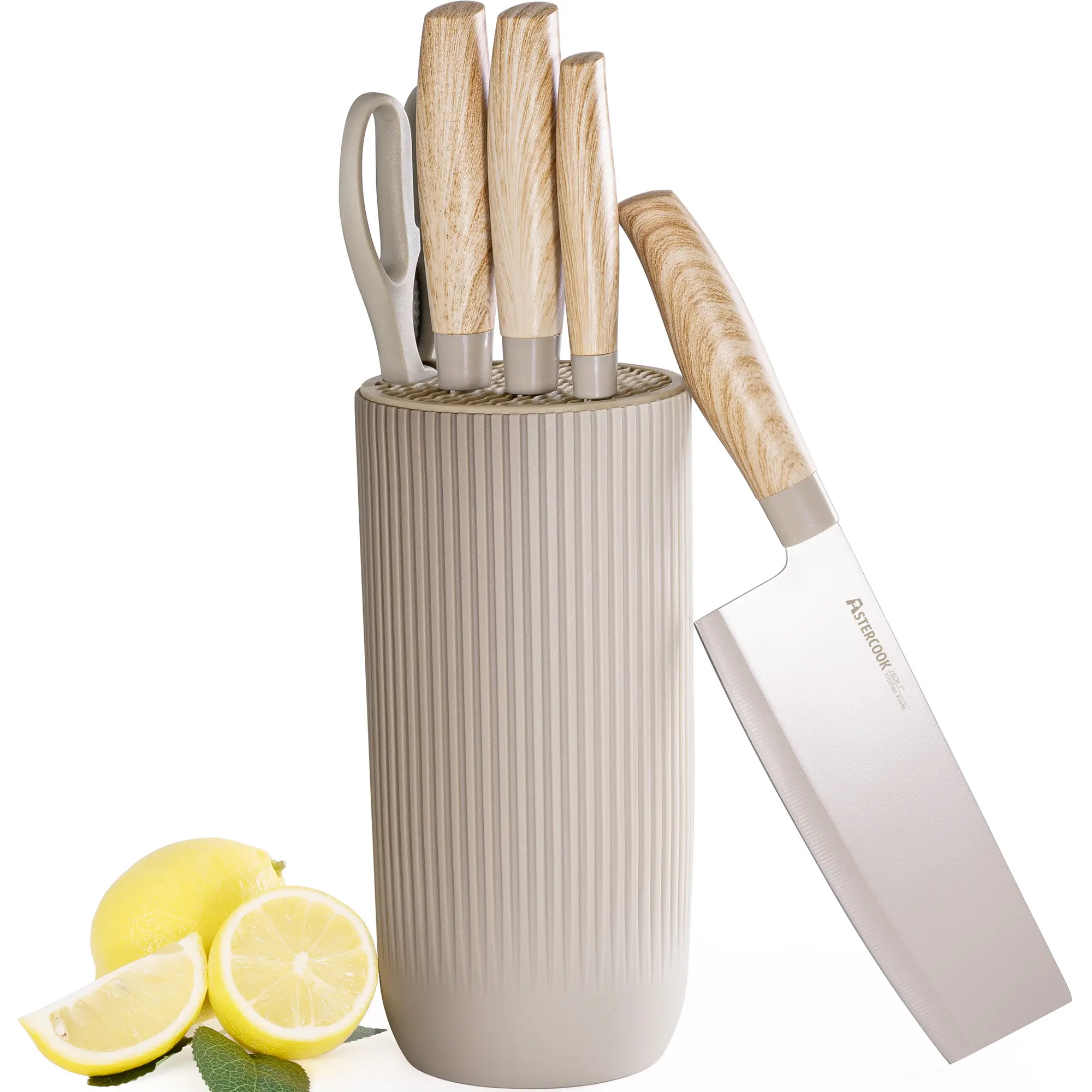 Astercook 6-piece Kitchen Knife Set for Chef, Sharp Knife Set with Universal Knife Block, Anti-Rust Kitchen Knife set, Ergonomical Design (Beige)