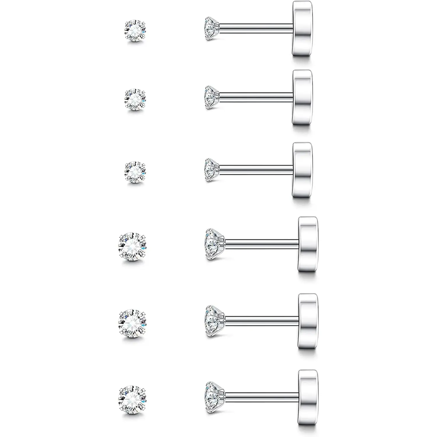 C. 6Pairs Tiny Earrings, 2mm 3mm