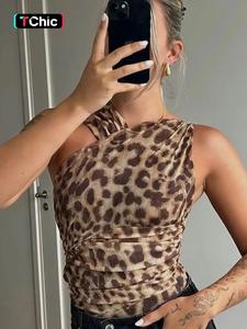 women's leopard print asymmetrical neck ruched mesh bodysuit, fashion casual sleeveless slim fit bodysuit for summer, ladies clothes for holiday party club, bodysuits for women, womenswear, clothes for women, tops