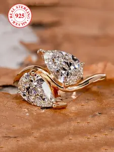 S925 Silver Color Ring with Water Drop Shaped Cubic Zirconia, Geometric Design Elegant Party Ring with Box for Women, Solitaire Engagement Ring, Marquise Ring, Art Deco Engagement Ring