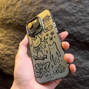 Scratch Cat Hand-Drawn Design Protective Shockproof Ultra-Thin Case, Casing, Camera Lens Protection Smartphone Cover for iPhone 16/15/14/13/12/11/plus/pro Max Series, Accessories
