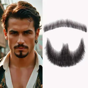 Fake Beard 100% Human Hair Fake Mustache Realistic Beard Fake Facial Hair Lace Invisible Goatee Beards Halloween Dressing Men Makeup Entertainment/Drama/Party/Movie Prop