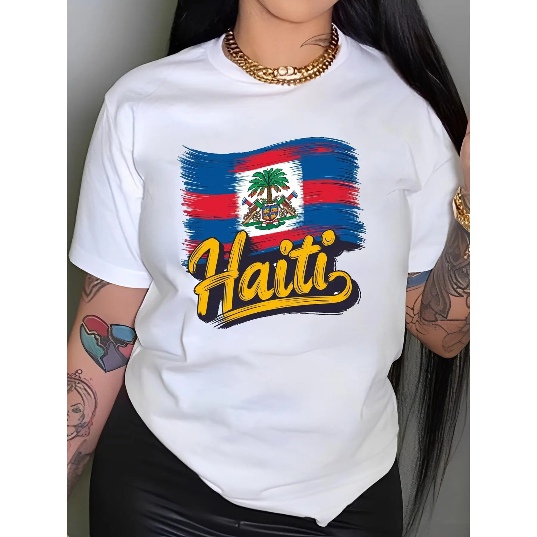 Haiti Patterned Women'S T-Shirt, Casual Round Neck, Short Sleeves for Spring And Summer.