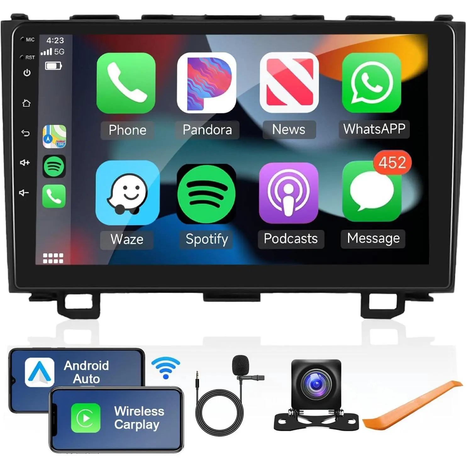RIMOODY 2+64G Android Car Stereo with 9-Inch Touchscreen Car Display Screen for Honda CRV 2007-2011, Wired/Wireless CarPlay, Android Auto, WiFi GPS Navigation, Bluetooth, USB, FM/RDS, Backup Camera, Steering Wheel Control, Wired Carplay