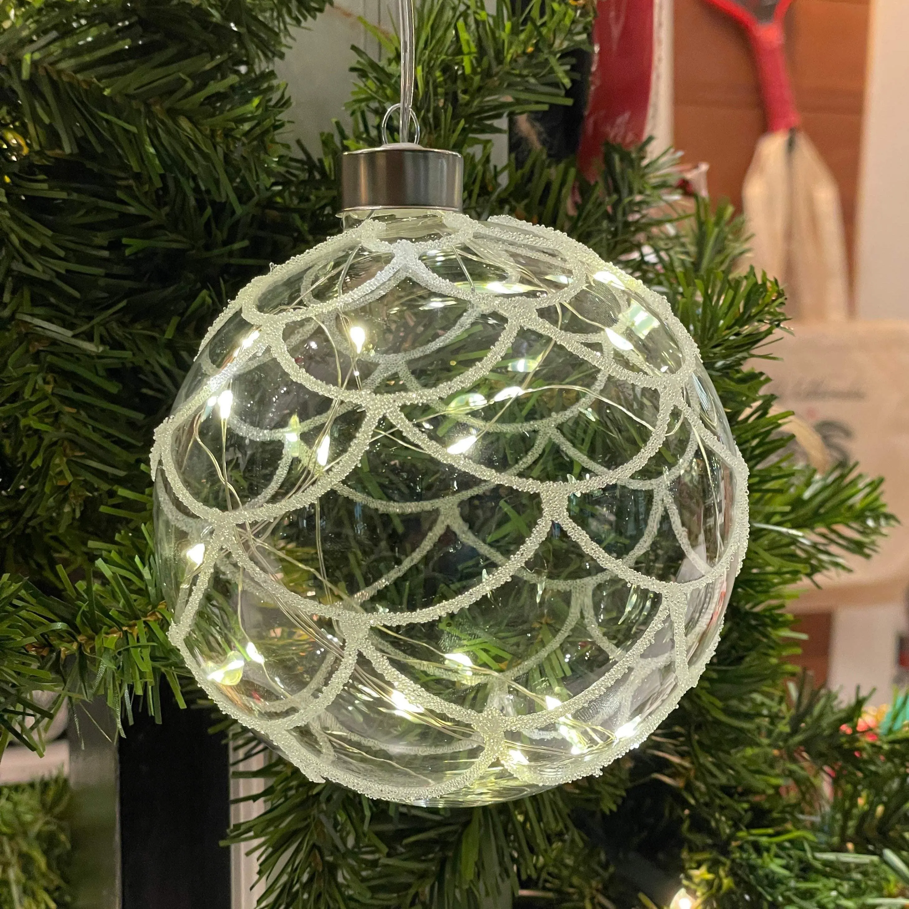 Glass Christmas Ornament - White Light Up Globe