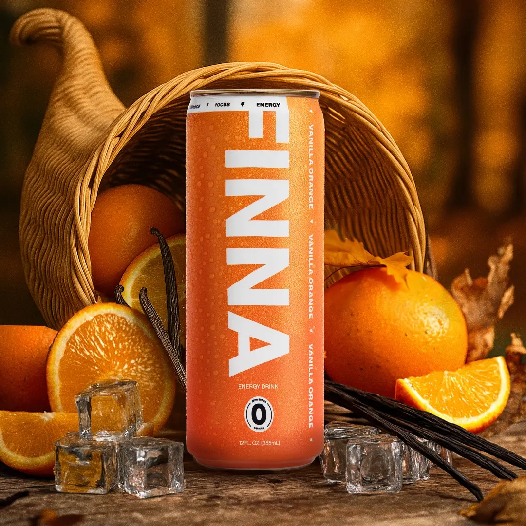 FINNA Clean Energy Drink – Lightly Carbonated, Less Preservatives, Low Calorie Formula for Focus & Vitality, No Jitters, Zero Sugar Energy Drinks for Productivity - Vanilla Orange