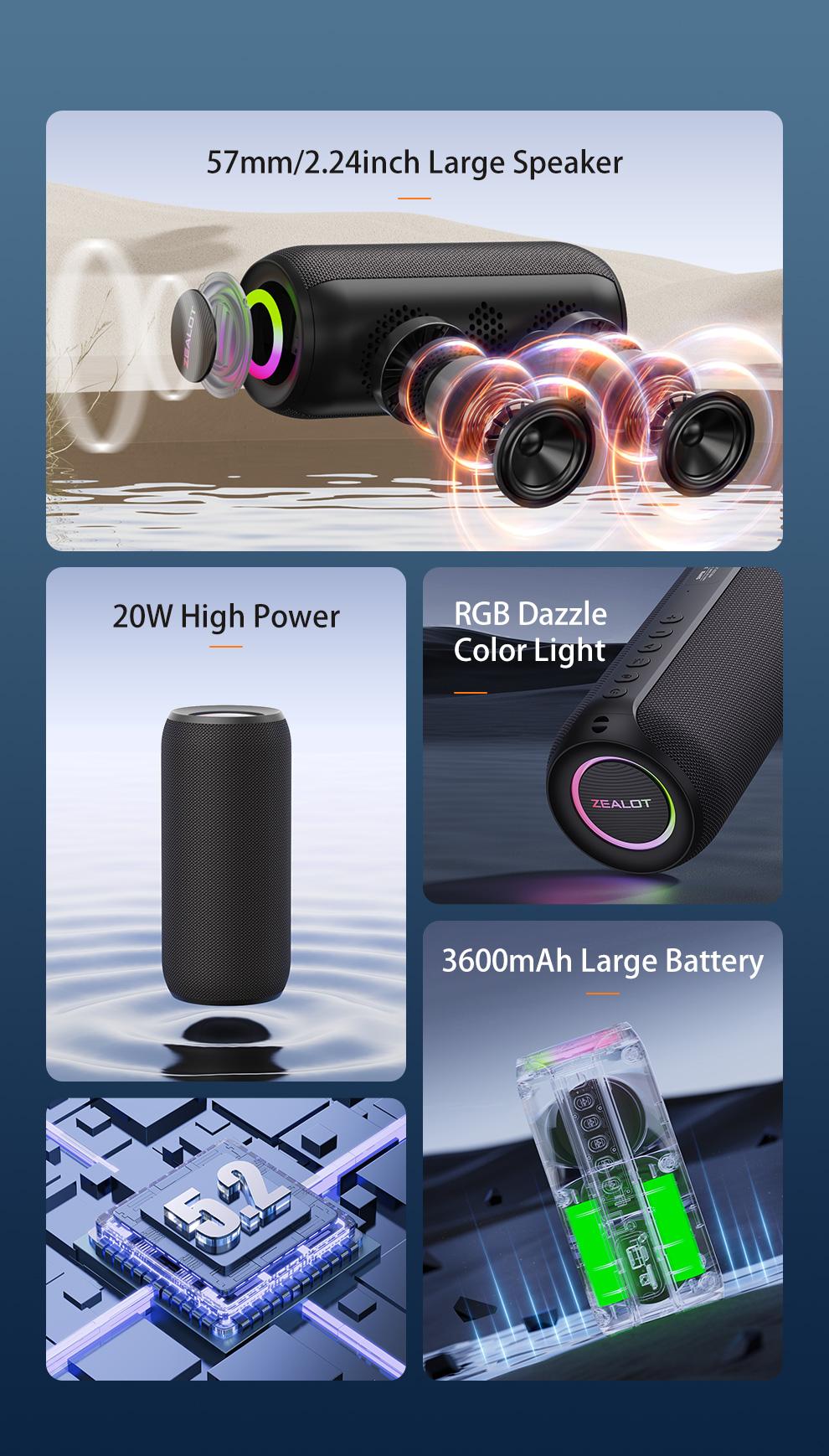 ZEALOTs S32MAX Wireless Speaker, 20W Wireless Speaker with Subwoofer, USB Rechargeable Speaker with 3600mAh Battery for Smart Phone Tablet TV, Audio