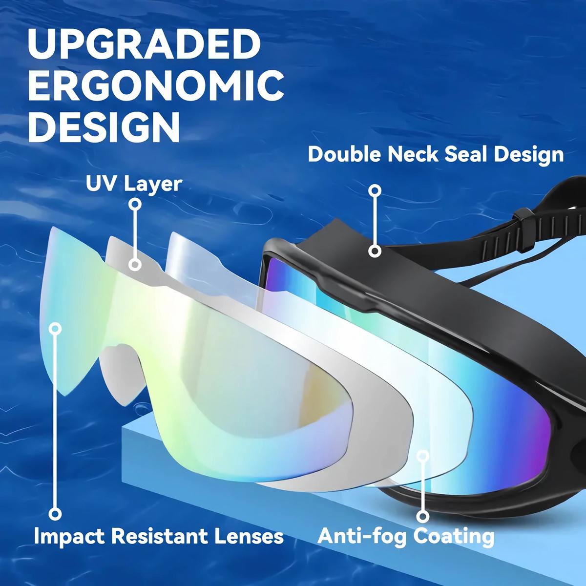 Swim Goggles with Ear Plugs Summer Sports Swimming Goggles Wide View Anti UV & Fog & No Leaking Swimming Goggles Ideal Gift for Men Women Children