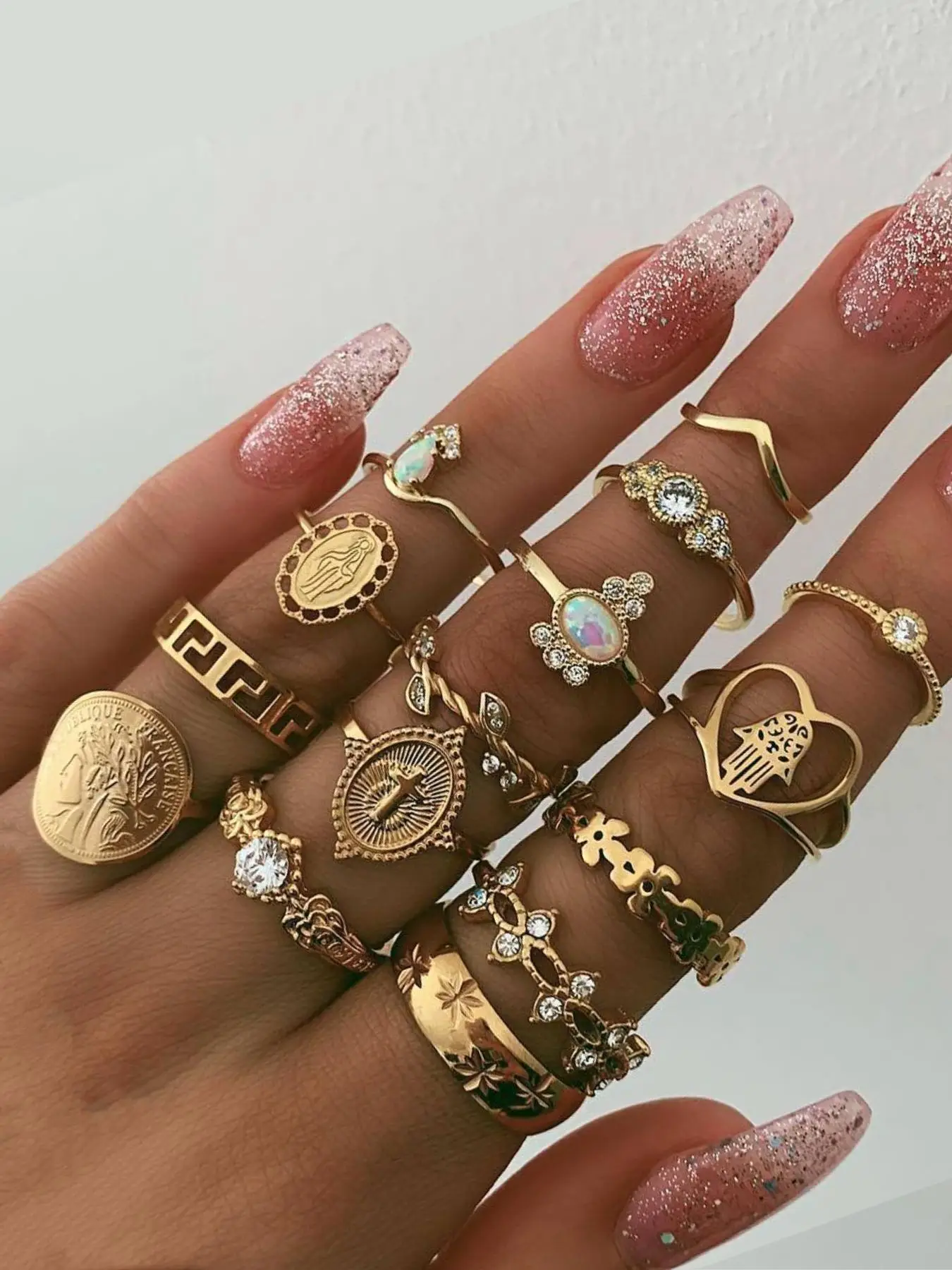 Women's Mixed Style Coin Design Rings Set, 15 Counts Summer Hollow Out & Heart & Leaf Rings, Vintage Jewelry As Gift for Girlfriend