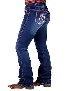 Women's Western Bootcut Jeans With Horse Embroidery Mid-Rise Stretch Denim Pink Contrast Stitching Cowgirl Rodeo Style Navy Blue Skinny Bottom