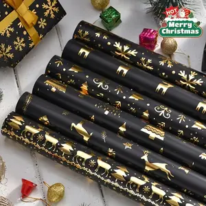 3/6-Pack Black & Gold Christmas Wrapping Paper Sheets – Reindeer & Snowflake Designs | Holiday Gift Wrap, Gift Wrapping Supplies for Xmas Presents & Festive Decorations | Aesthetic Gift Wrapping, DIY Scrapbooking, Trending Christmas Decor