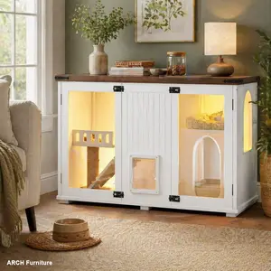 47.25" Large Cat Litter Box Enclosure with LED Lighting, Hidden Furniture, Stairs, Scratching Post, Smart Door, Odor Control - PB+Acrylic White Side Table Cabinet with Multi-Use Top for Living Room Decor
