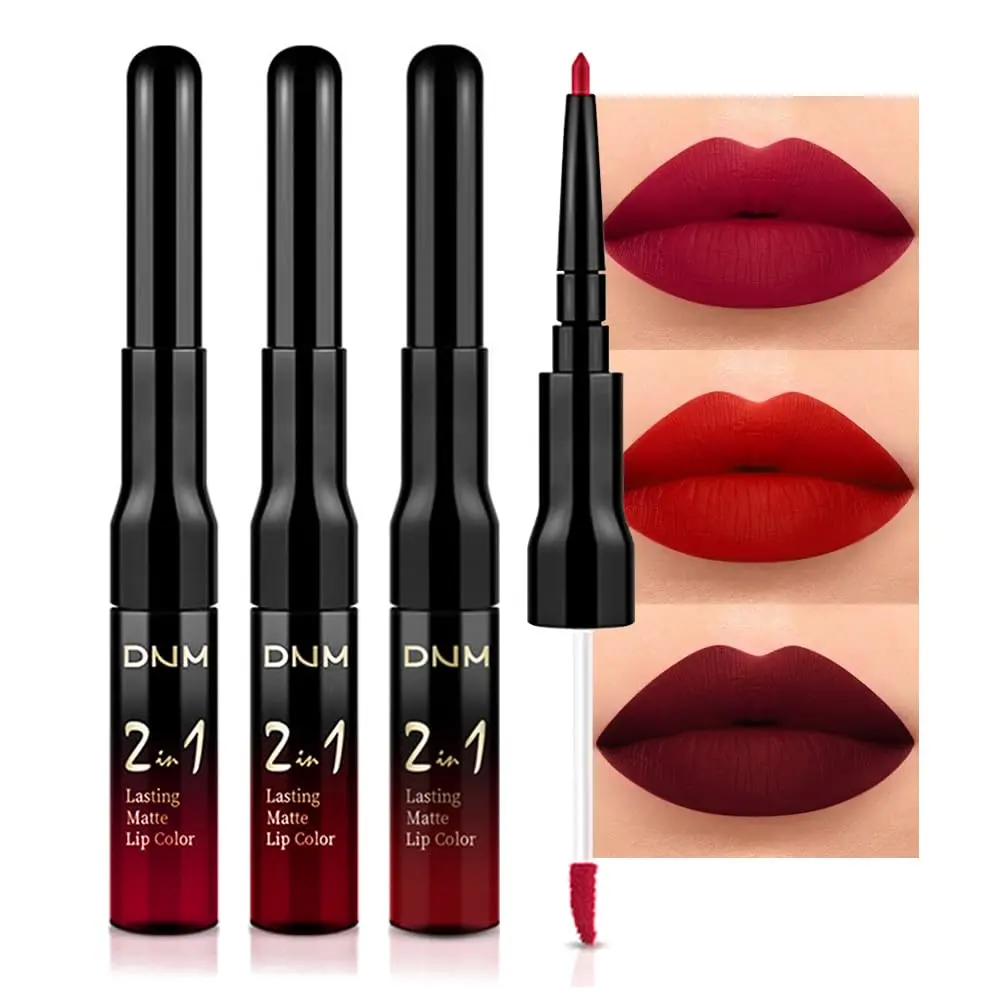 DNM 3Pcs Ruby Bright Dark Deep Red Lip Stain Lipstick with Lip Liner, Burgundy Red Matte Lip Liner and Liquid Lipstick Set for Women Long Lasting Waterproof 24, 24 Hours Lip Sitck Paint