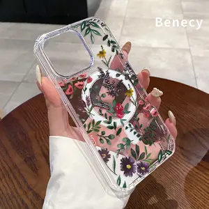 Magnetic Phone Case for iPhone 15 16 14 Pro Max 13 12 11 XR XS Plus  E Floral Whimsy Tapestry  Hard Acrylic Back Soft Silicone Edge Full Coverage Cellphone Cover