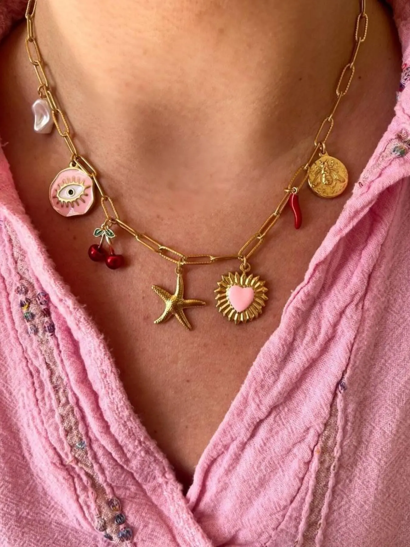 Cherry, Starfish and Heart Design Pendant Necklace for Women, Clavicle Chain Necklace, Copper Chain Jewelry, Versatile Accessories, Jewelry for Daily Wear, Charm Necklaces Gift
