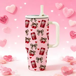 Siphalo 40oz Vacuum Cup with Handle & Straw, Double-Wall Stainless Steel Insulated Tumbler, Tumbler with Lid, Leak-Proof Thermal Mug That Keeps Drinks Hot for 12 Hours & Cold for 24 Hours, Cherry Soda Heart Pattern, Valentine's Day & Birthday Gift