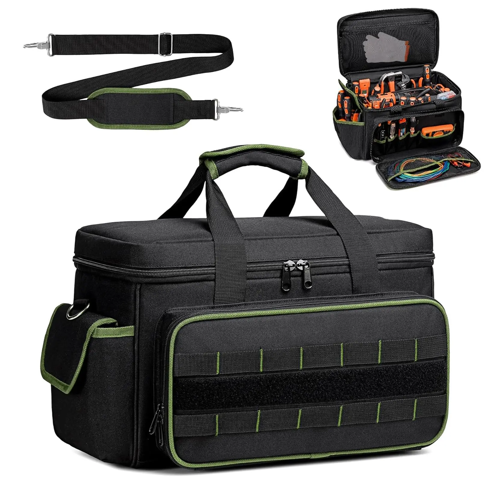 Garvee 17" x 10.6" x 9.8" Men's Work Bag, Premium Oxford Heavy Load Extra Tough Abrasive Resistant Tool Organizer with Padded Handle, Adjustable Shoulder Strap, Multi-Purpose Tote for Electricians, Handymen (Black and Green)
