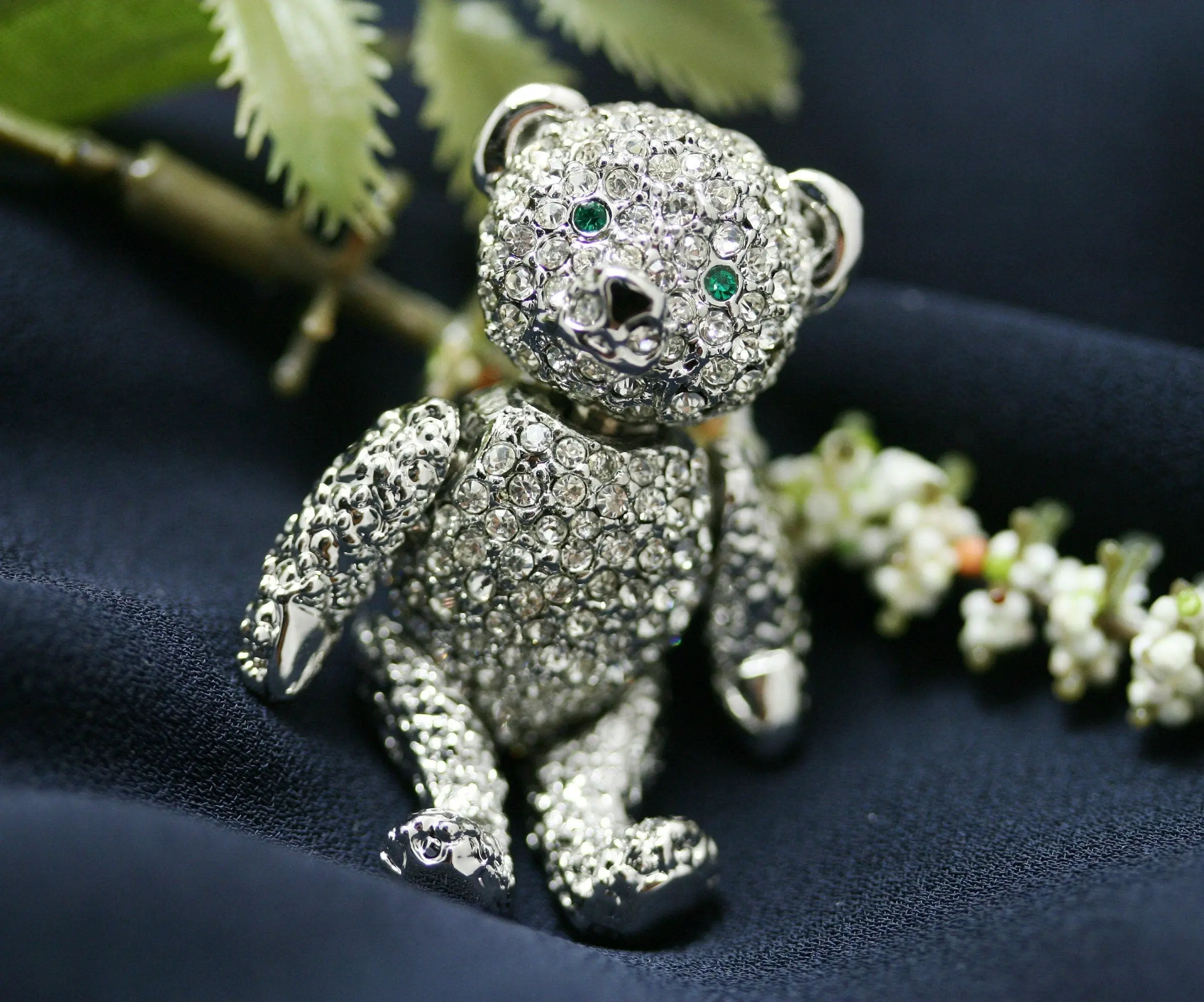 Articulated Rhinestone Teddy Bear Brooch with Crystals - Fashion Collar Clip Accessory, Moveable Arms, Legs, Head