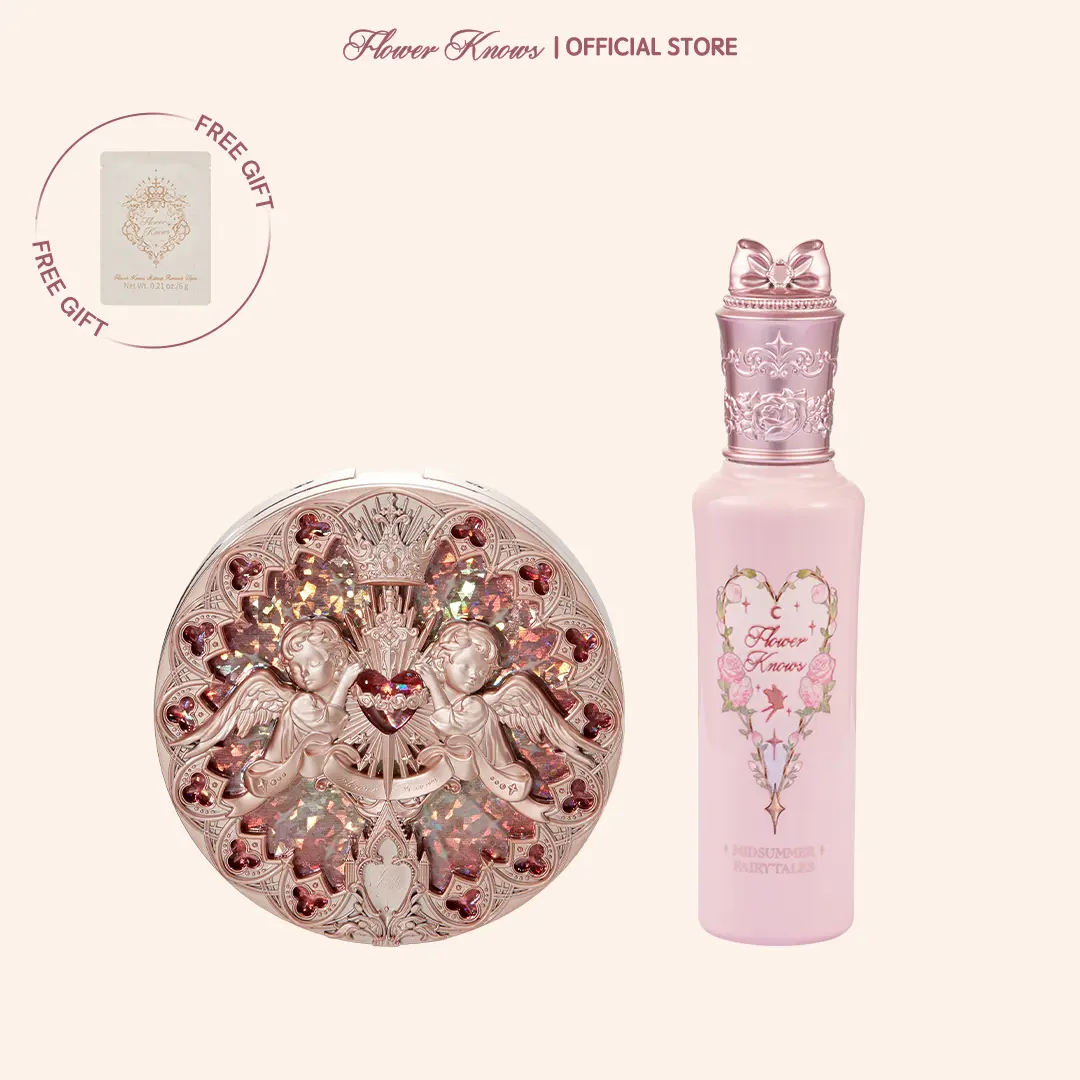 Flower Knows Glow Essentials Set, Silicone-Enhanced Dewy Radiance Makeup Kit with Pearl Powder Bronzer & Highlighter, 8G