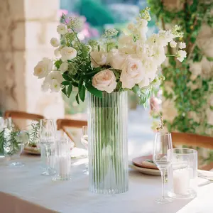 14" Ribbed Cylinder Glass Vases 6-Pack – Tall Clear Decorative Vases for Dining Tables, Mantels & Modern Interiors