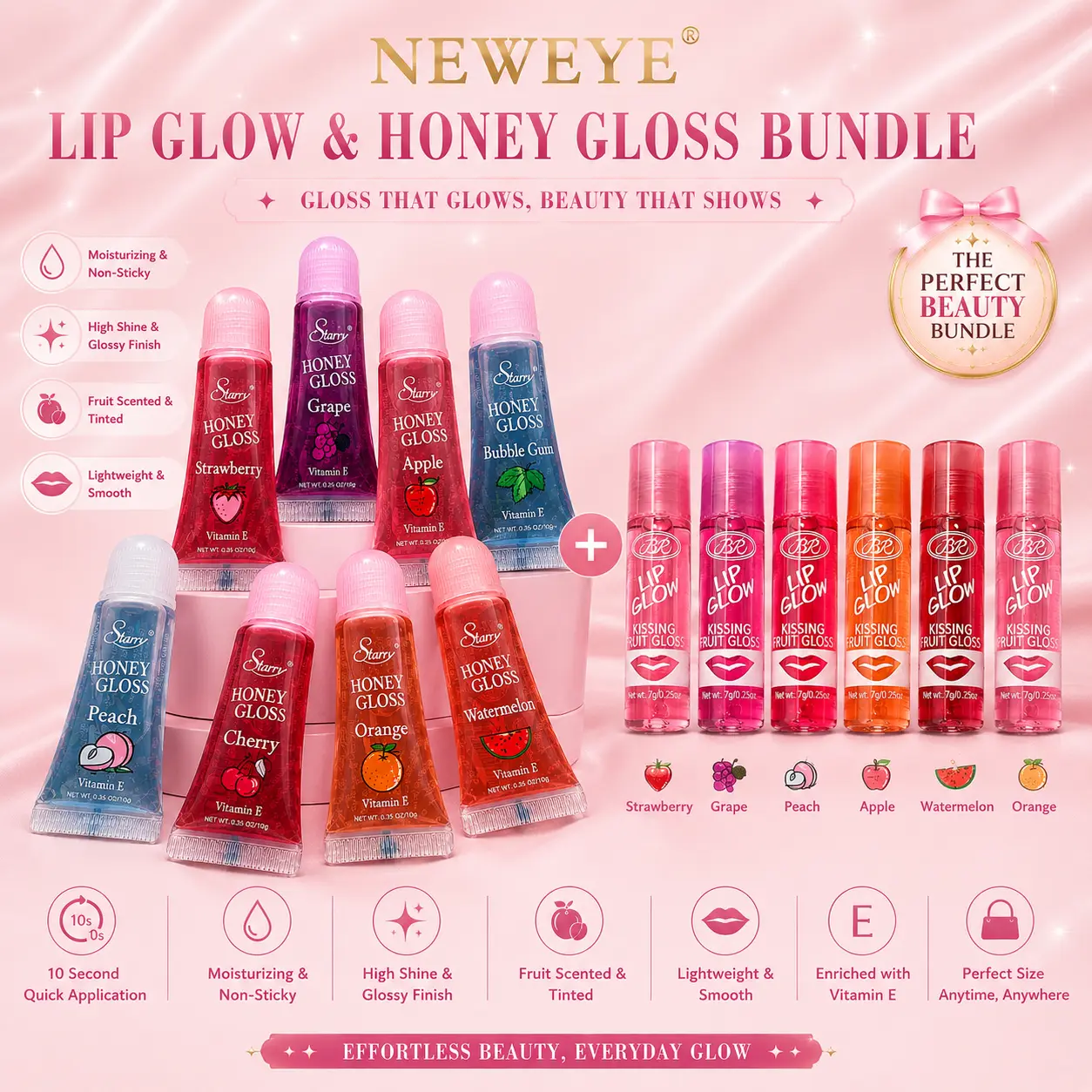 Lip Glow Kissing Fruit Gloss Six Count - Classic Roll-On Tip & Starry Honey Lip Gloss Moisturizing Sweet Fruit Flavors