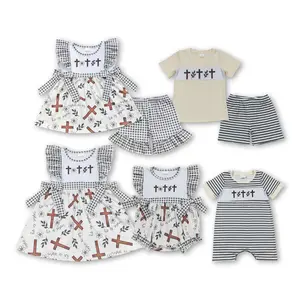 Boy Summer Easter Clothes Cross Embroidery Boy Summer Shorts Set