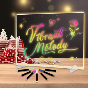 LED Note Board with Colors, 13.7"X10" 4 Modes Acrylic Dry Erase Boards with Light, Include Adapter, Hanging Chain, Led Drawing Board for Kids with Stand,7 Markers, Spray Bottle