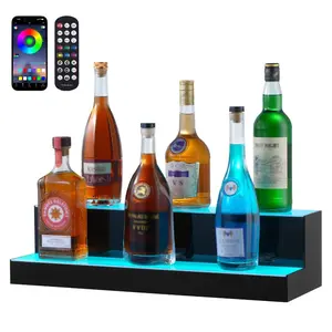 2-Tier 24-Inch Illuminated Acrylic Bottle Display, Commercial Home Bar Shelf with RF Remote & App Control, Multicolor LED Whiskey Rack Stand
