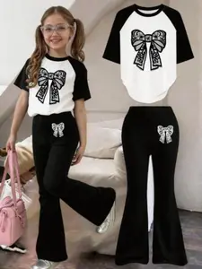 Girls Butterfly Print Short Sleeve T-Shirt and Bell Bottoms Set, Spring Summer, Youth Casual Top and Pants Matching