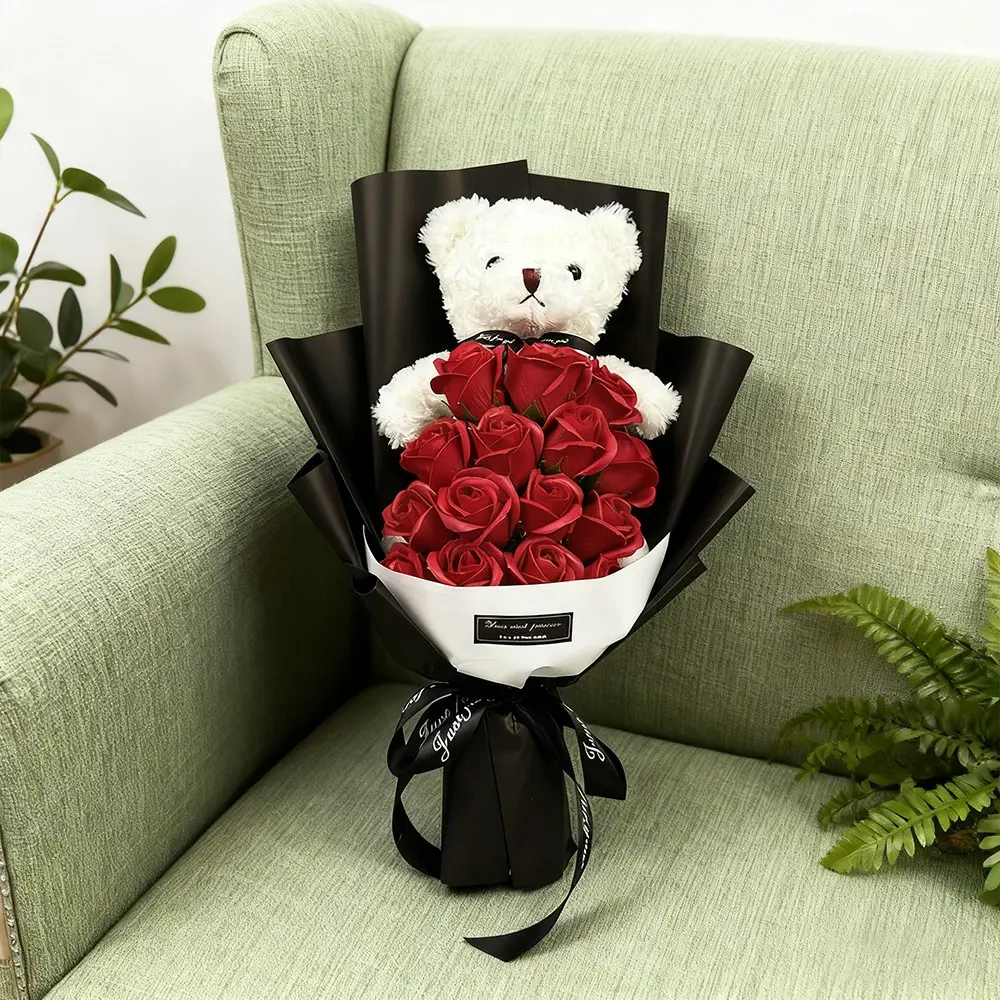 Eternal Flower Rose Bouquet with Teddy Bear, Forever Floral Gift Set, Perfect for Women Girls, Valentine's Day Thanksgiving Christmas Birthday Anniversary, Forever Preserved Roses