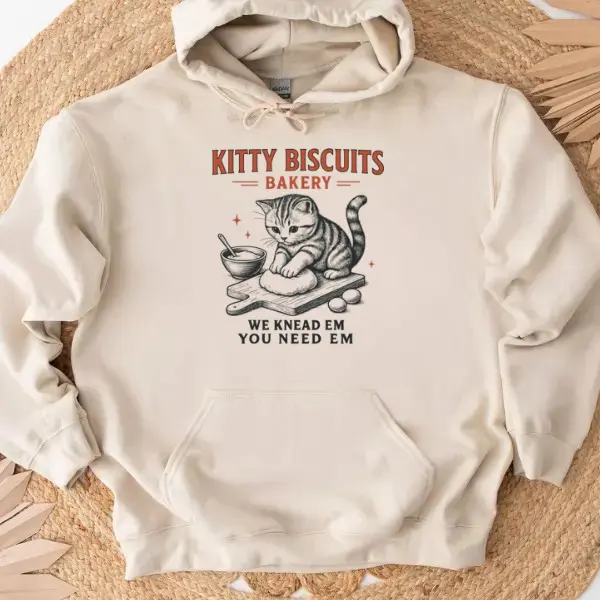 Kitty Biscuits Bakery Hoodie – Cute Cat Baking Pun “We Knead Em You Need Em” Cozy Cat Lover Sweatshirt