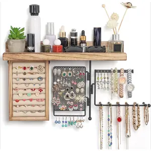 F-SBB68  Hanging Jewelry Organizer Wall Mount with Rustic Wood Shelf, Ring Display Box, Ear Studs Earring Holder, Rotating Necklace Holder Organizer