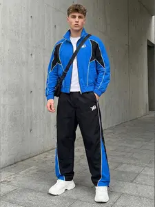 Y2K Retro Motorcore Blue Color-Block Tracksuit Set - Athletic Activewear Tracksuit Sweat Suits Loose Casual Athleisure - Lightweight Windbreaker & Baggy Track Pants 2-Piece Co-ord for Men’s Streetwear Aesthetic - TikTok Viral Streetstyle Look