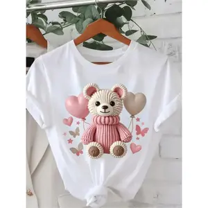 Women's Soft T-Shirt with Adorable Teddy Bear & Balloon Print – Short Sleeve, Casual Round Neck Top, Lightweight & Stretchy for Casual Attire, Casual Daily Wear |   Girly Casual Style |   Comfortable Fit