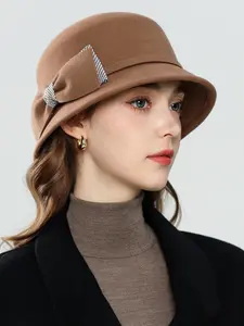 Women's Plaid Bucket Hat, Fall Winter Wool Blend Beanie, Fashionable Bowknot Design, Casual Fitted Cap for Ladies