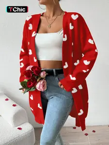 Women Open Front Duster Sweaters Casual Long Sleeve Heart Print Knitted Cardigans Fall Knitwear for Streetwear