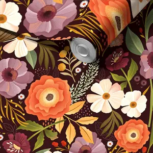 Deep Burgundy Floral Wallpaper, Self-Adhesive Removable, Mould-Proof, Moody Boho Flower Print, Dark Cottagecore Decor, Vintage Botanical Style