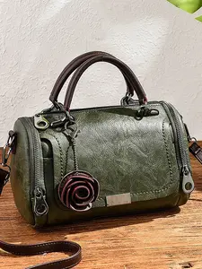 retro personalized artistic style hand-held Boston bag, Stylish handbag, with multiple zippers and detachable rose pendant decoration design, can accommodate mobile phones, lipstick, suitable for parties, socializing, daily commuting