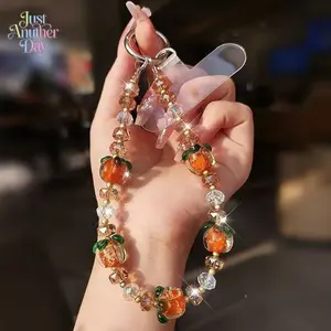 Crystal Persimmon Phone Lanyard, Beaded Lucky Charm Keychain, Stylish Car & Bag Hanging Ornament, Shimmering Beaded Accessory for Phones & Keys