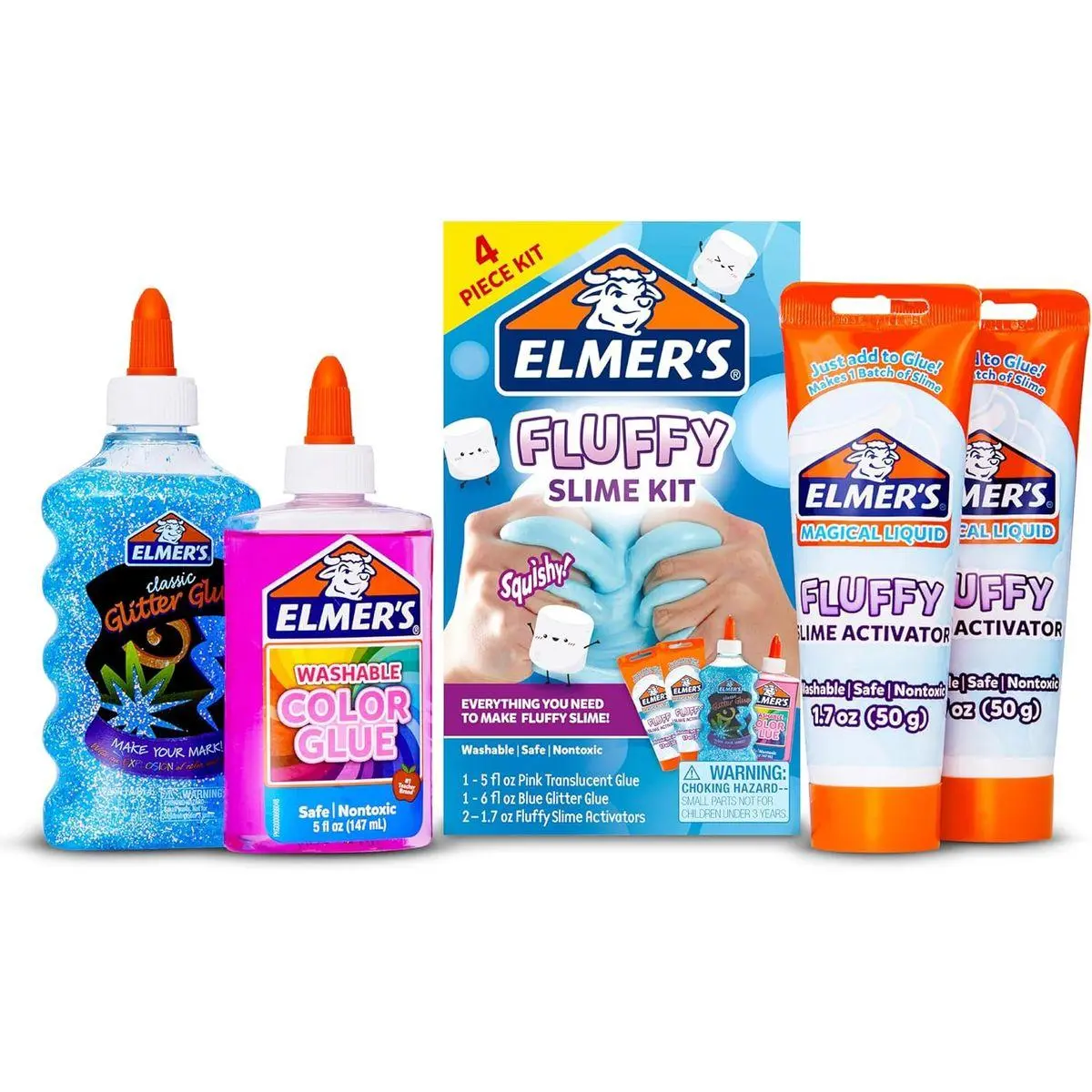 Elmer’s Fluffy Slime Kit, Includes Translucent Color Glue, Glitter Glue, Fluffy Slime Activator, 4 Count - Perfect for Birthday Parties, Summer Fun, Creative Kids Activity