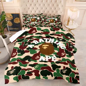 Bape Classic Abc Camo Monkey Head Printed Comforter Set, Soft Warm Bedding, 1 Comforter and 1-2 Pillowcases No Core, Camouflage and Iconic Ape Head Logo, Street Style Home Decoration, Gift for Fans, Soft Bedding Sets, Bedroom Bedding Set