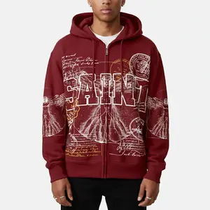 Sopula Studio Men's Saints Stamp Collage Vitruvian Man Vintage Art Graphic Zip Up Hoodie Casual Fall Streetwear