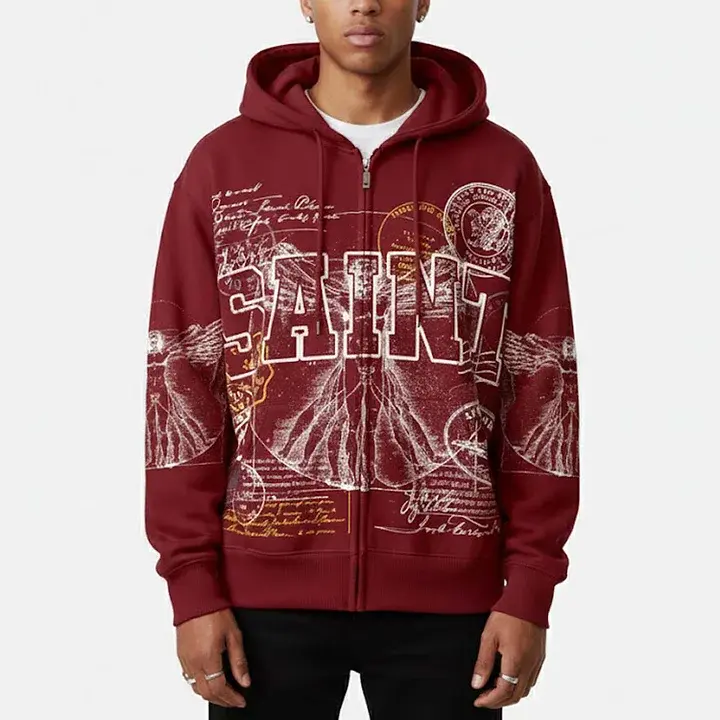 Sopula Studio Men's Zip Up Graphic Hoodie - Saints Stamp Collage, Vitruvian Man Vintage Art, Casual Fall Streetwear Tops, Mensfashion Clothing,summerwins,father'sdaygifts